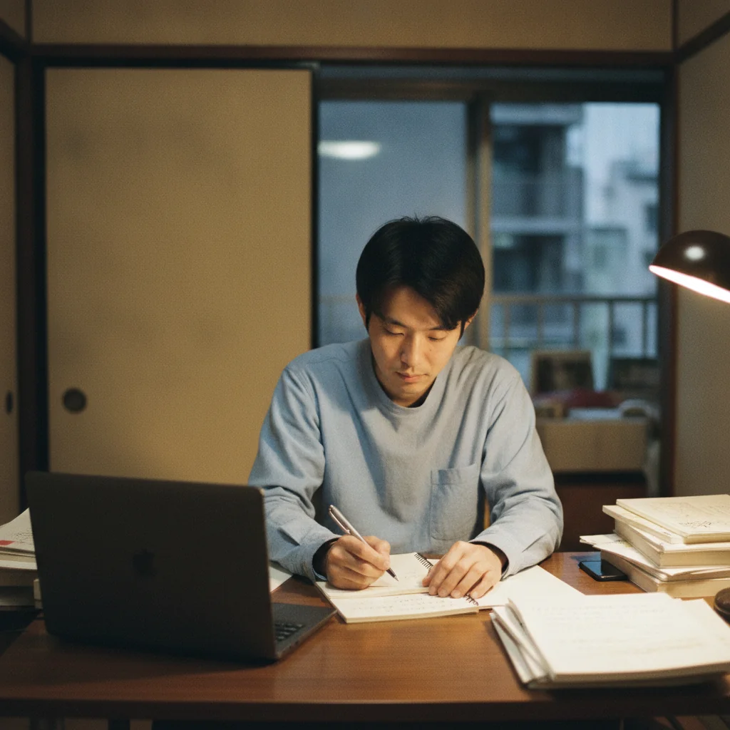 仕事のあとに講座を受けてノートを取る社員