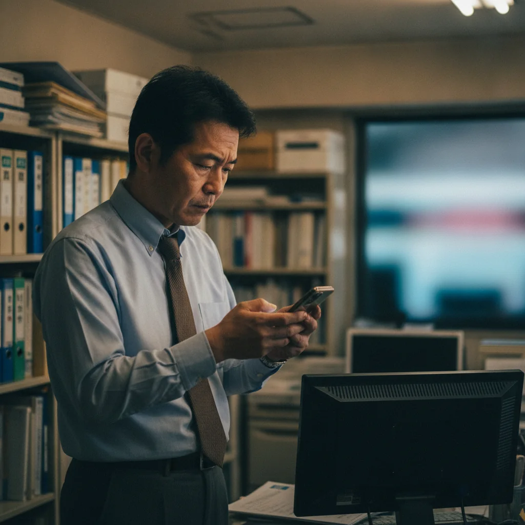 事務所でスマートフォンのニュースを見る経営者