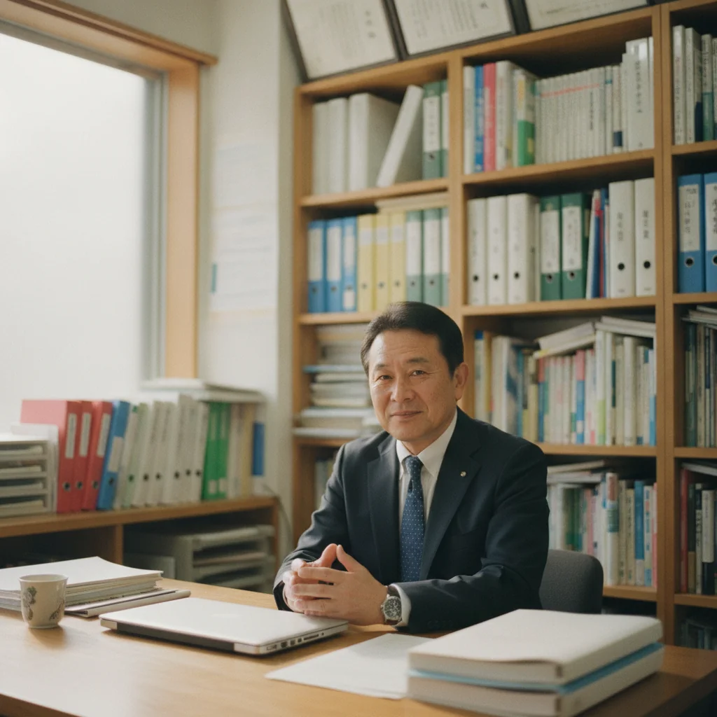 自分の席でパソコンを操作する経営者