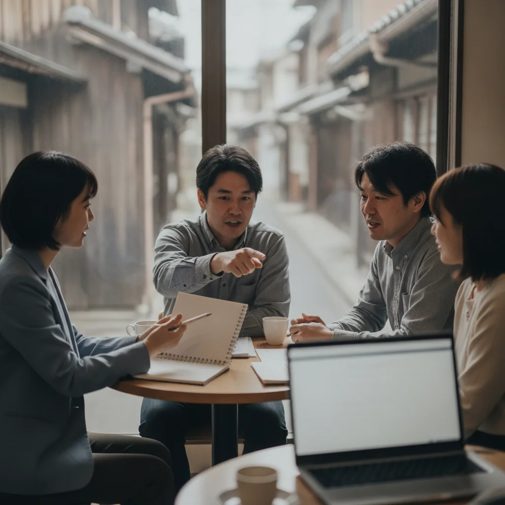 会議室で講座の進め方を話し合う社員たち